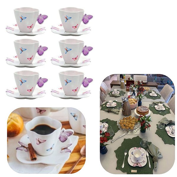 Jogo 6 Xicaras de Café 100ml em Porcelana Linha Borboletas Wolff Mesa Posta de Luxo