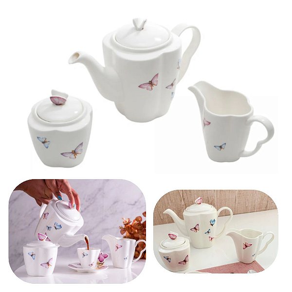 KIT de Bules Para Café e Chá em Porcelana Linha Borboleta Wolff Mesa Posta Premium