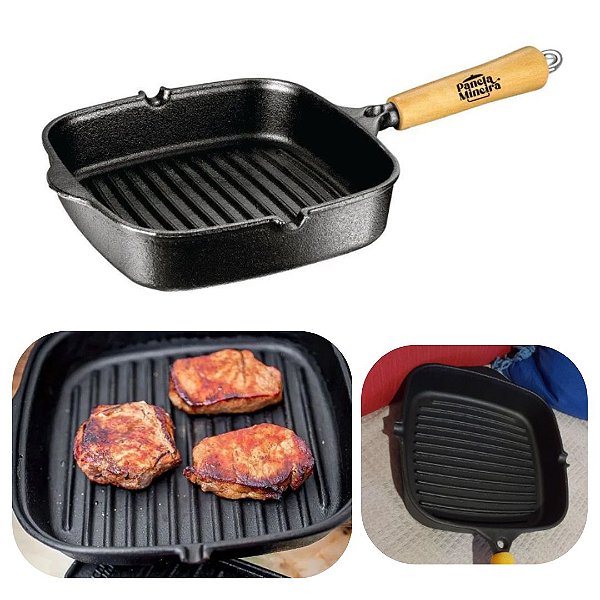 Frigideira de Ferro Fundido 1,5Litros 23cm Grill Quadrada Panela Mineira Fogão a Lenha