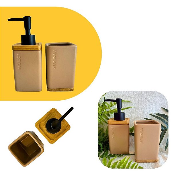 Conjunto Banheiro 2 Peças em Ceramica e Bambu Porta Sabonete e Porta Escova Premium Bege