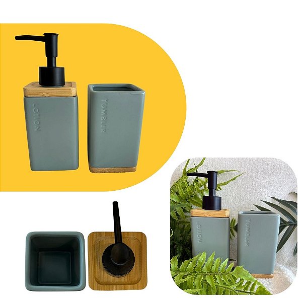 Conjunto Banheiro 2 Peças em Ceramica e Bambu Porta Sabonete e Porta Escova Premium Cinza