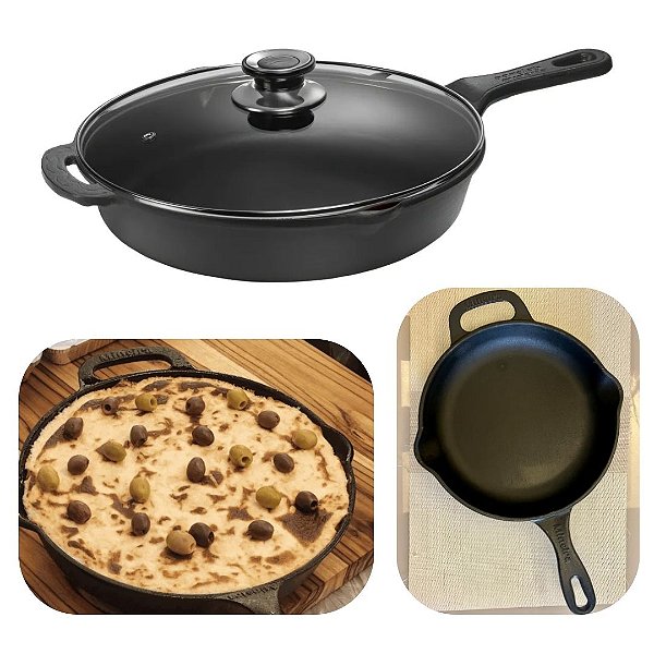 Frigideira do Chef 3 Litros 30cm de Ferro Fundido e Tampa de Vidro Grande Panela Mineira Original