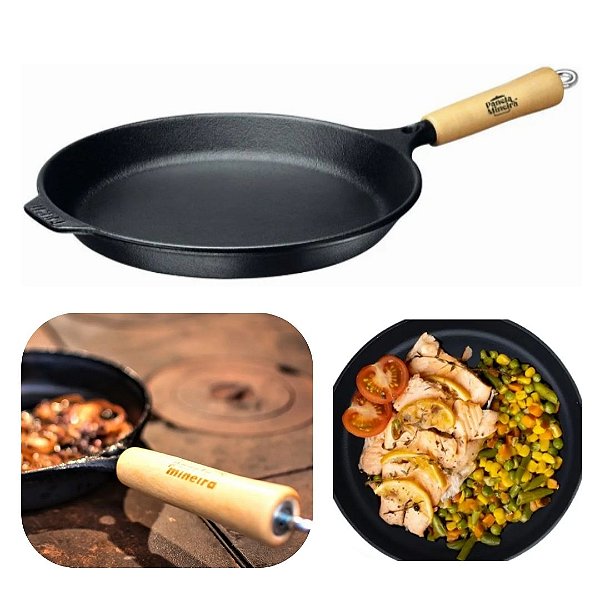 Frigideira Rasa Ferro Fundido 28cm 1,6 Litros e Cabo de Madeira Panela Mineira Original