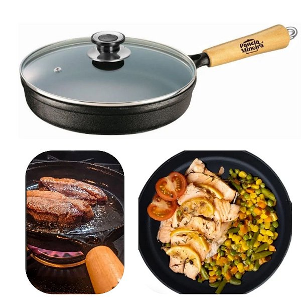 Frigideira de Ferro Fundido 1,5L 24cm Tampa de Vidro e Cabo de Madeira Panela Mineira Original