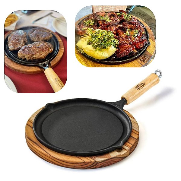 Chapa e Bifeteira em Ferro Fundido Com Suporte e Cabo de Madeira 29cm Ideal Para Restaurantes