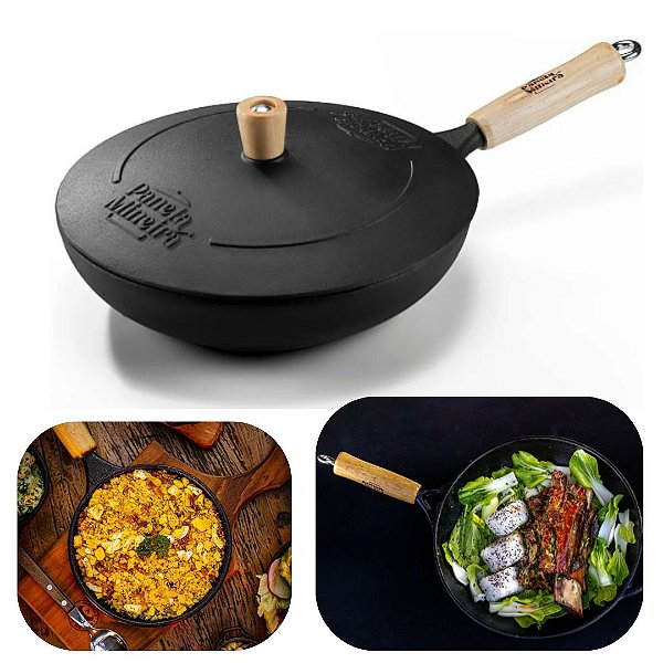 Frigideira Wok 28cm Ferro Fundido 3 Litros Cabo de Madeira e Tampa de Ferro Panela Mineira Original