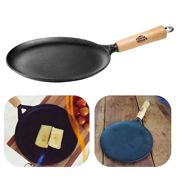 Tapioqueira e Panquequeira de Ferro Fundido 24cm Cabo de Madeira Panela Mineira Original