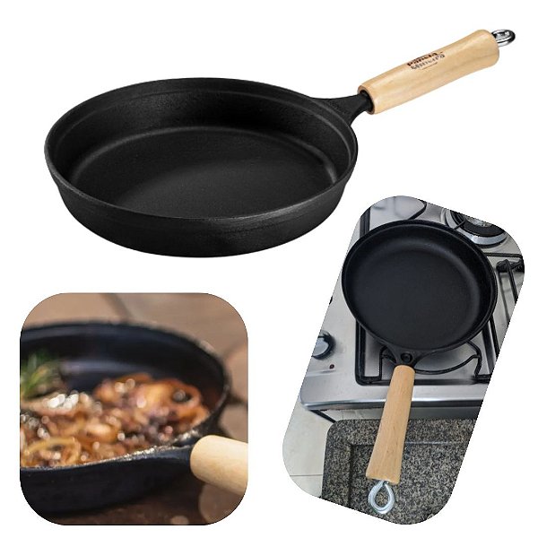 Frigideira de Ferro fundido 1,5L Cabo de Madeira Tradicional Para todos os Fogões