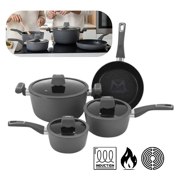 Jogo de Panela 4 Peças Indução Serve Todos os Fogões Revestimento Cerâmica Milão Grafite