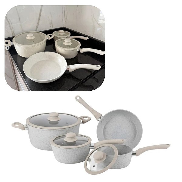 Jogo de Panela 4 Peças Indução Revestimento cerâmico Serve Todos os Fogões Creme Premium