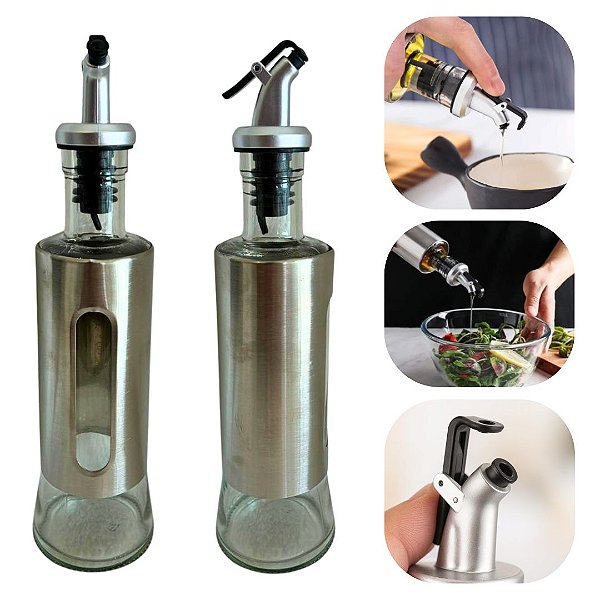 zGalheteiro Porta Azeite, Vinagre e Oléo Garrafa em Vidro e Inox 300ml Dosador Premium
