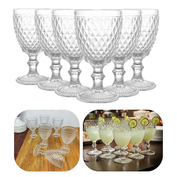 Jogo 6 Taças de Agua e Sucos 300ml Transparente Bico Abacaxi e Jaca Ametista Dia a Dia Mesa Posta