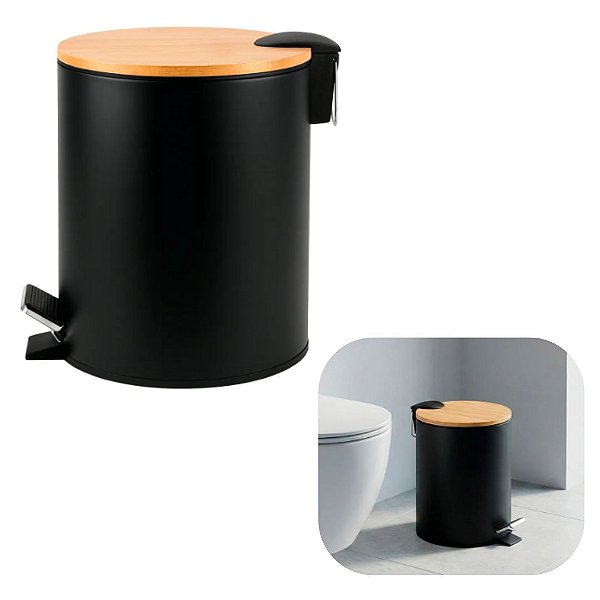 Lixeira Redonda 3 Litros em Aço inox e Tampa de Bambu Ideal para Cozinha e Banheiro