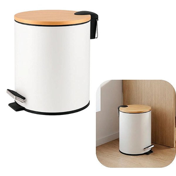 Lixeira Redonda 3 Litros em Aço inox e Tampa de Bambu Ideal para Cozinha e Banheiro Branco