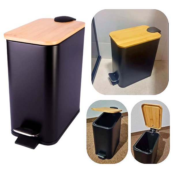 Lixeira 5 Litros Slim Retangular em Aço Inox e Tampa de Bambu de Luxo Ideal Para Cozinha e Banheiro Preto