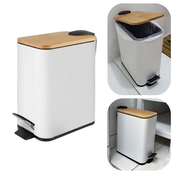 Lixeira 3 Litros Retangular em Aço Inox e Tampa de Bambu Luxo Ideal Para Banheiro e Cozinha Branco