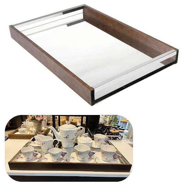 Bandeja de Madeira com Espelho 60x35cm Grande Luxo Ideal para Aparador, Cantinho do Café Wolff
