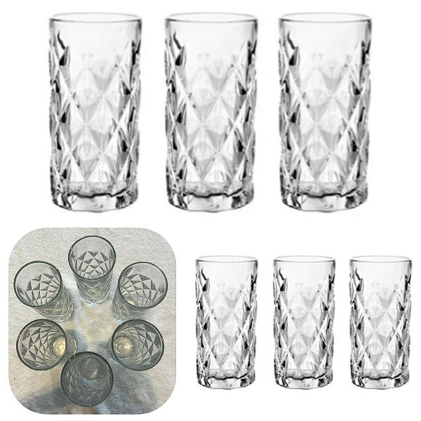 Jogo com 6 Copos Alto 360ml Vidro Diamante Ideal para Agua e Suco e uso Dia a Dia Premium