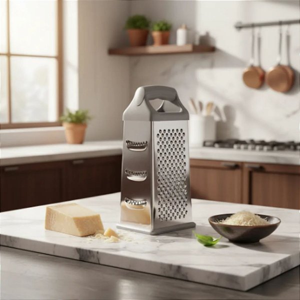 Ralador 4 Faces em Aço Inox 24cm Base Emborrachada Ideal Legumes, Queijos e Milho Cinza