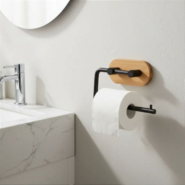 Suporte Papel Higiênico Sem Furos Metal e  Bambu Ultra Resistente e Moderno  Banheiro de Luxo