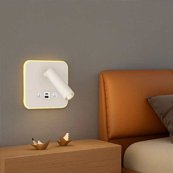 Luminaria Arandela Cabeceira e Leitura Led Interruptor + Usb e Tipo C 8w Branco quente Bivolt