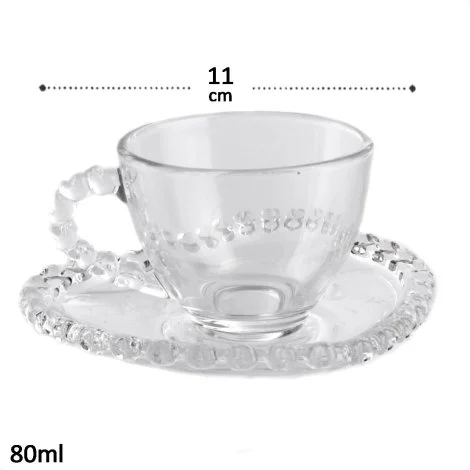 Xícara de Vidro 80ml com Pires Bordas Corações