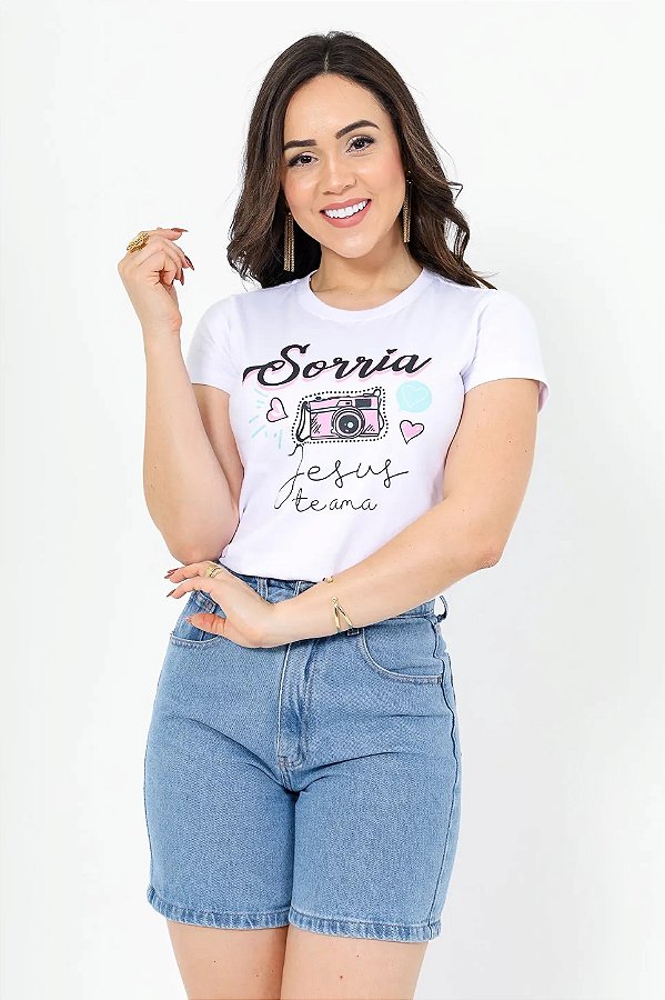 T-Shirt Câmera Sorria Jesus Te Ama BRANCA