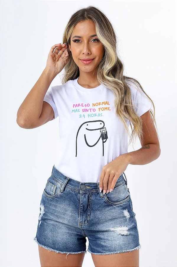 T-Shirt Flork Pareço Normal Mas Sinto Fome 24 Horas BRANCA