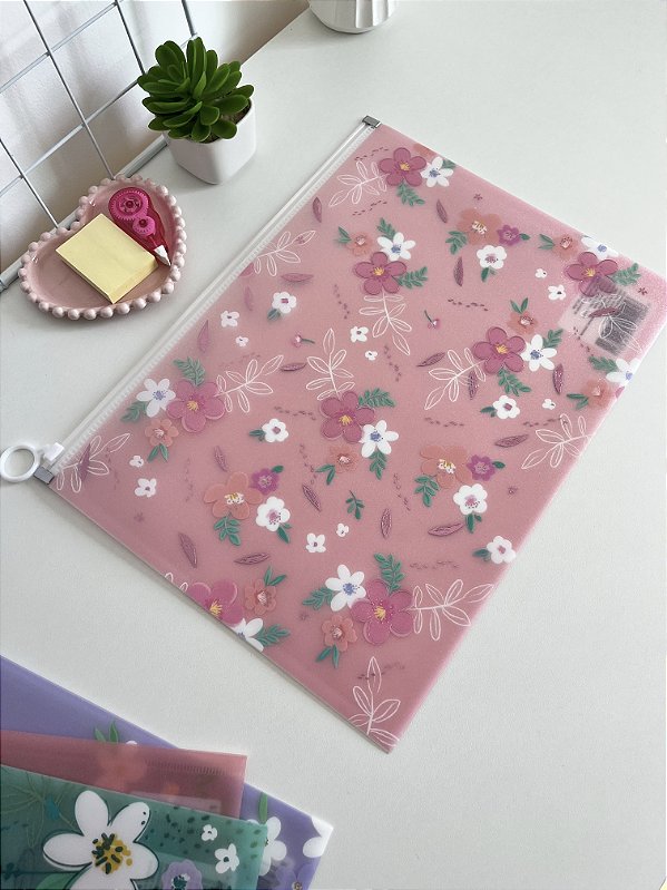 Pasta A4 Flores com Fechamento ZipLock - Rosa Claro