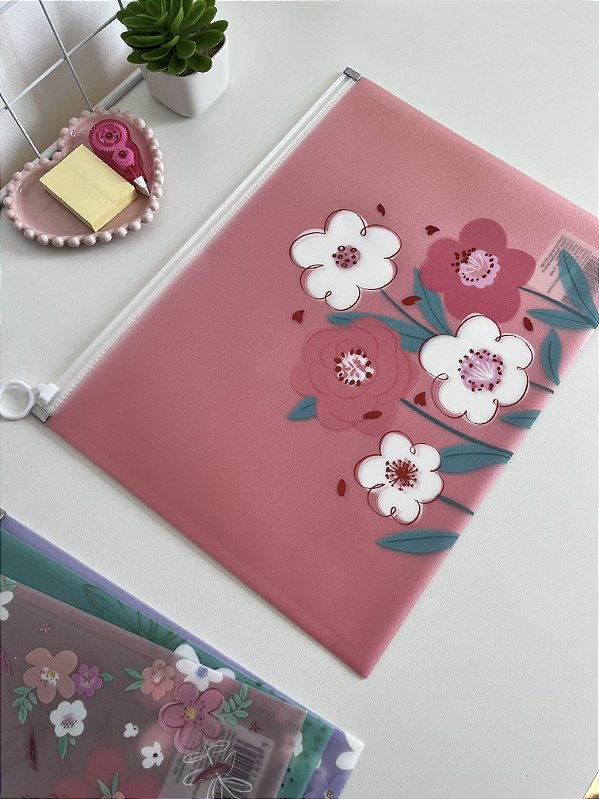 Pasta A4 Flores com Fechamento ZipLock - Rosa Escuro