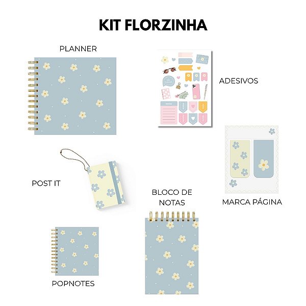 Kit Azul Florzinha - Planner, Marca Página, Adesivos, Popnotes, Chaveiro Post it e Bloco de Notas