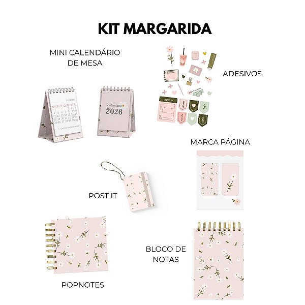 Kit Margaridas - Mini Calendário 2026/2027 , Marca Página, Adesivos, Popnotes, Chaveiro Post it e Bloco A6