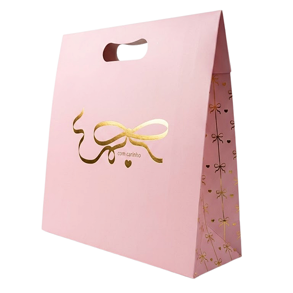 Sacola de Presente Rosa com Laço Dourado “Com Carinho” – 31,9x33x10 cm