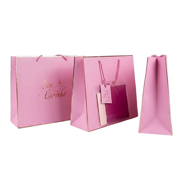 Sacola de Presente Rosa “Com Carinho” com Kit (Cartão + Envelope + Papel Seda) – 37x28x13 cm