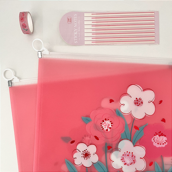 Kit Papelaria Rosa Delicada – 2 Pasta A4 + 1 Marca Texto em Fita + 1 Washi Tape