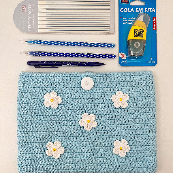 Kit Pasta de Crochê 100% Algodão + 2 Canetas CIS Spiral + Cola em Fita KAZ + Lapiseira 0.7 + Marca Texto em Fita