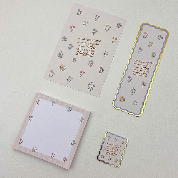 Kit Papelaria Primavera Serena - Marca-Páginas, Adesivos e Bloco de Notas