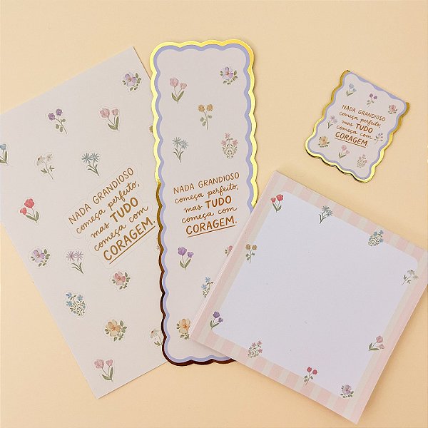 Kit Papelaria Primavera Serena - Marca-Páginas, Adesivos e Bloco de Notas