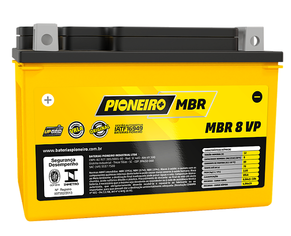 Bateria Moto AGM/VRLA Pioneiro MBR 8 VP 12V 8Ah - Garagem Total