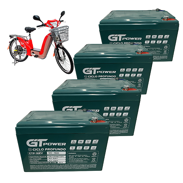 Kit 4 Bateria Gtpower 12v 16ah Ciclo Profundo Bike Elétrica