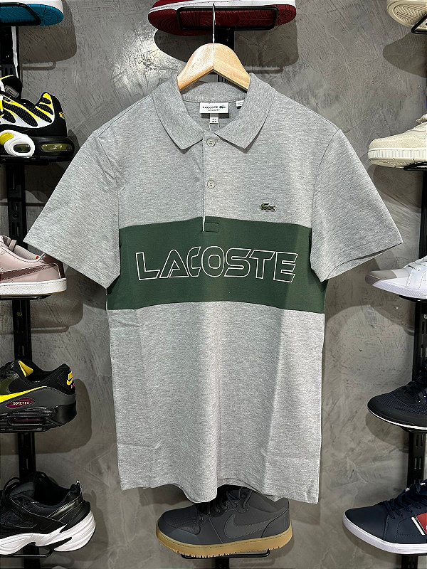 Polo Lacost Piquet Stretch Cinza/Verde