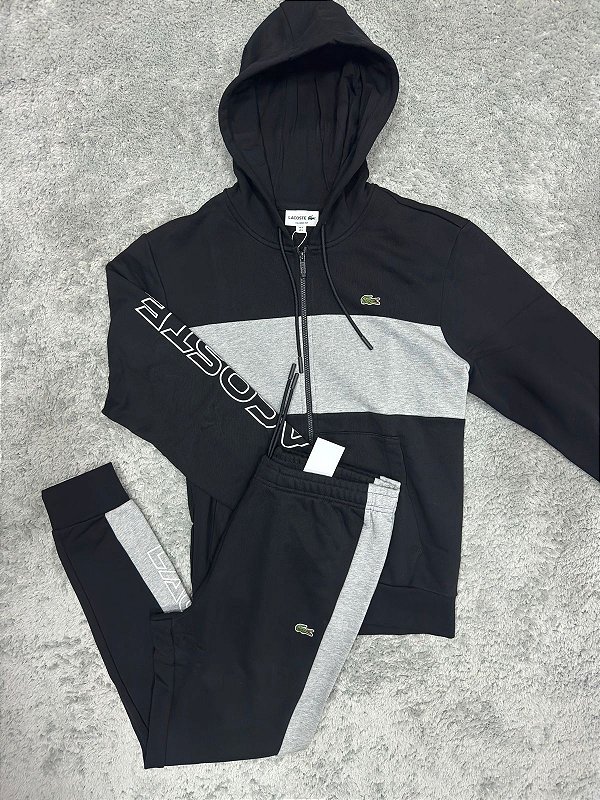 Conjunto Moletom Lacoste ColorBlock Preto/Cinza