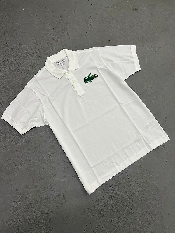 Polo Lacoste Clássico Fit L.12.12 com Emblema(Branca/Verde)