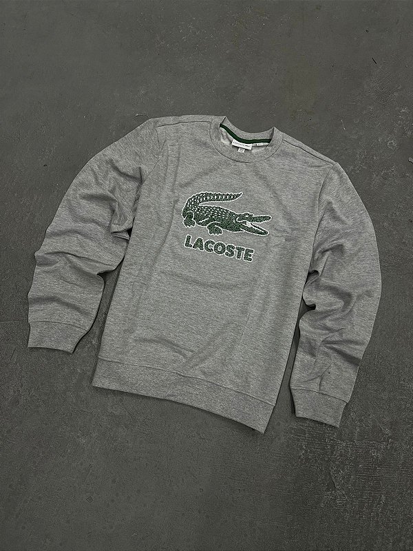 Moletom Lacoste Gola Careca com Crocodilo Craquelado Cinza