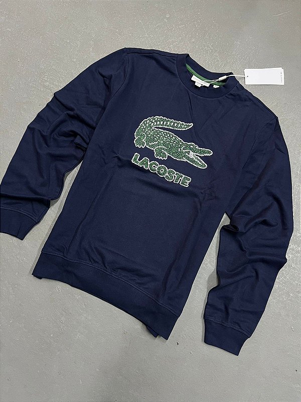 Moletom Lacoste Gola Careca com Crocodilo Craquelado Azul