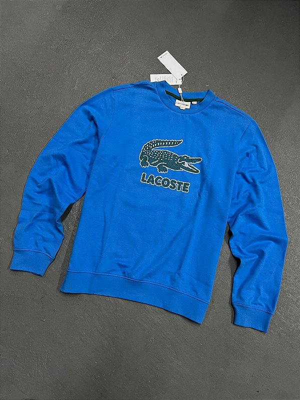 Moletom Lacoste Gola Careca com Crocodilo Craquelado Azul Céu