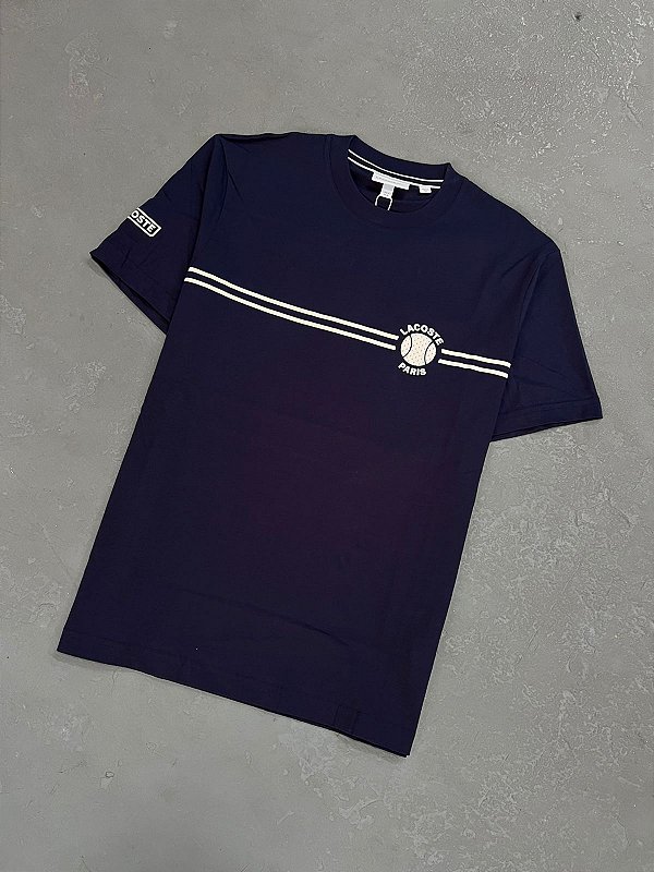 Camiseta Lacoste  de Algodão Bordada Estampada Azul Marinho