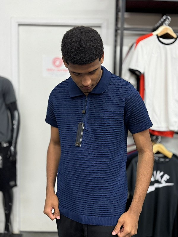 Polo Tricot Zíper Azul Marinho