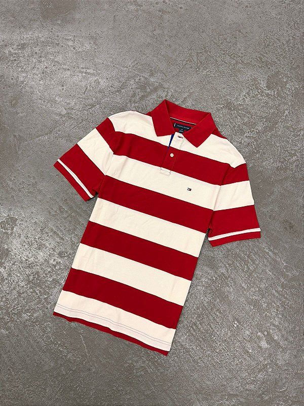 Polo Tommy Hilfiger Listrada (Vermelho/Branca)