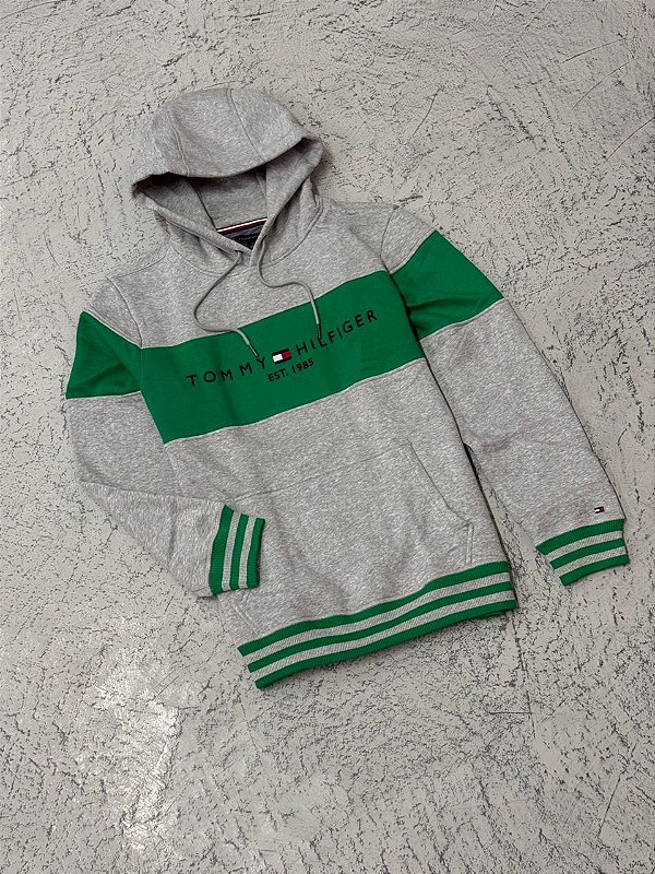 Moletom Tommy Hilfiger Faixa Letreiro Gringo (Cinza/Verde)
